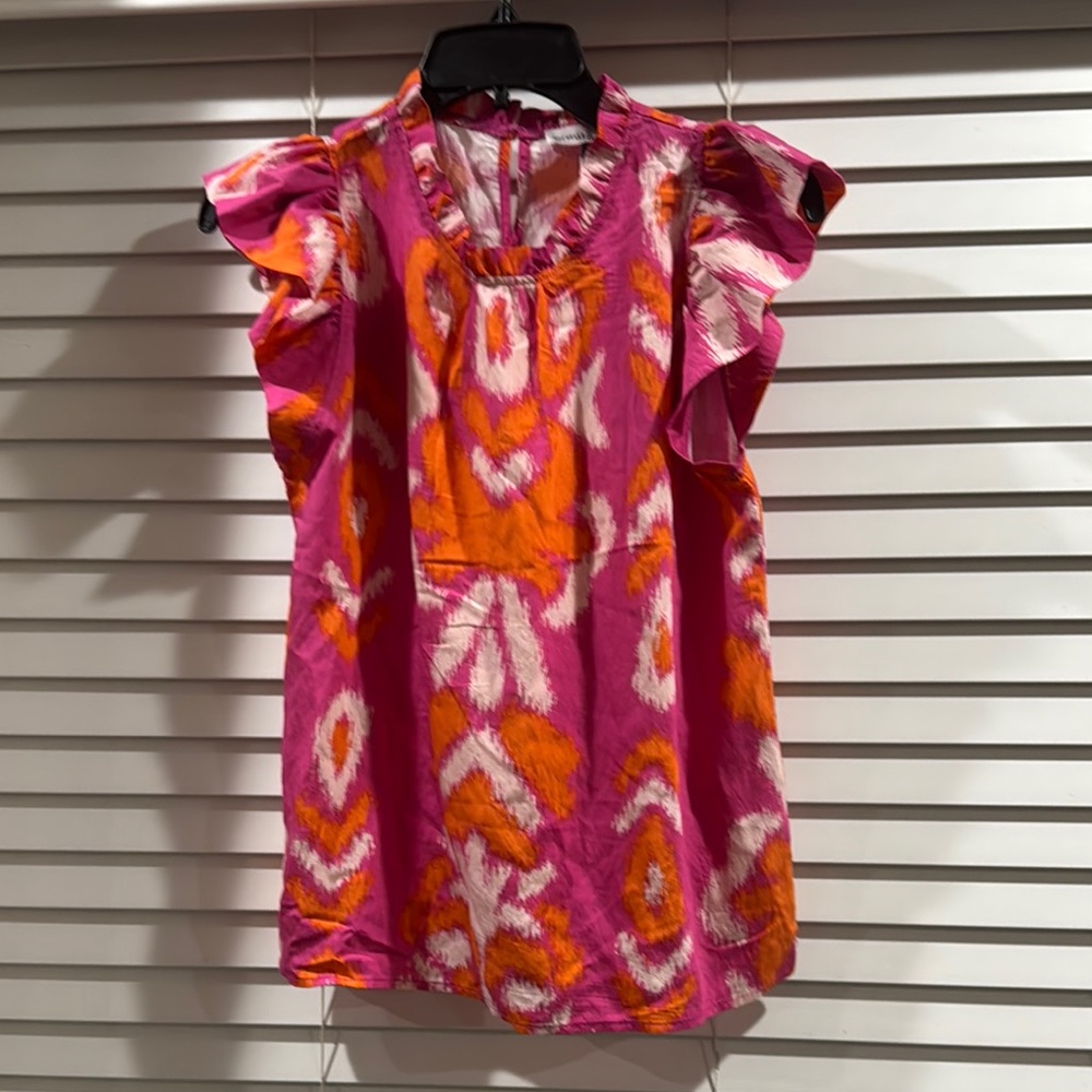 Pink and Orange Ruffled Blouse with Flutter Cap Sleeves